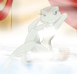  amphibian bath beatriz_overseer bedroom_eyes biting_lip blush convenient_censorship cup curtains drunk female frog half-closed_eyes kaostheory901 looking_at_viewer pink_sclera steam water 