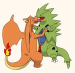  charizard dinosaur dragon duo fire french_kissing frottage kissing male male/male nintendo penis plain_background pok&eacute;mon precum saliva sex sfbwd tyranitar video_games 