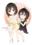  2girls :q black_hair black_serafuku blue_eyes braid cup dress drink drinking_glass drinking_straw food food_on_face glass hair_ornament hat hat_removed headwear_removed ice_cream ice_cream_float kantai_collection melon_soda multiple_girls red_eyes sailor_dress sandals school_uniform serafuku shigure_(kantai_collection) short_hair sino_(sionori) soda sun_hat sundress tongue tongue_out yamashiro_(kantai_collection) younger 