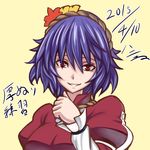 2015 blue_hair dated h-new looking_at_viewer red_eyes short_hair smile solo touhou translation_request upper_body yasaka_kanako yellow_background 