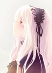  1girl crying dress hairband highres long_hair profile red_eyes rozen_maiden simple_background solo suigintou tears white_hair 