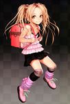  absurdres backpack bag bare_shoulders black_eyes black_legwear blonde_hair flat_chest hair_bobbles hair_ornament highres knee_pads kneehighs long_hair looking_at_viewer original randoseru rustle scan shoes skirt smile sneakers solo twintails 