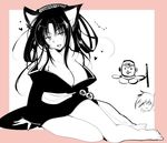  2boys :d animal_ears arm_support bare_shoulders barefoot bikou_(high_school_dxd) blush breasts cat_ears cleavage commentary_request hair_rings hairband heart high_school_dxd japanese_clothes kimono kuroka_(high_school_dxd) large_breasts long_hair looking_at_viewer monochrome multiple_boys natsumikan_(amanatsu_mix) off_shoulder open_mouth seductive_smile short_hair sitting sketch slit_pupils smile vali_lucifer 