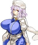  breasts hat huge_breasts letty_whiterock long_sleeves perky_breasts puffy_long_sleeves puffy_sleeves purple_eyes purple_hair sachito scarf short_hair simple_background solo touhou white_background white_scarf 