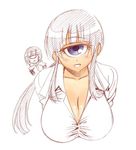  blue_eyes breasts cleavage crossover cyclops hitomi_sensei_no_hokenshitsu huge_breasts long_hair manaka_hitomi manako monochrome monster_musume_no_iru_nichijou multiple_girls okayado one-eyed ponytail sidelocks sketch spot_color 