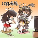  ahoge akagi_(kantai_collection) bangs brown_hair chibi commentary cup cushion double_bun flying_sweatdrops grey_hair hair_bun hairband hakama hands_on_lap haruna_(kantai_collection) headgear hisahiko japanese_clothes kantai_collection kongou_(kantai_collection) long_hair looking_at_another multiple_girls open_mouth orange_eyes outstretched_arms pleated_skirt pointing red_hakama red_skirt revision seiza sitting sitting_on_pillow skirt spill star star-shaped_pupils symbol-shaped_pupils tea television thighhighs translated trembling yunomi 