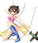  alternate_costume black_hair boots bow_(weapon) brown_eyes highres kaga_(kantai_collection) kantai_collection leotard pink_leotard rankiryuu short_hair side_ponytail solo weapon wings 