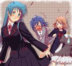  1boy 2girls ahoge blue_hair blush cardfight!!_vanguard chorobi crossdressing eighth_note family highres long_hair mother_and_daughter mother_and_son multiple_girls musical_note no_nose open_mouth orange_hair otoko_no_ko quarter_note school_uniform sendou_aichi sendou_emi sendou_shizuka serafuku short_hair skirt_hold smile spoken_musical_note sweat wavy_mouth 