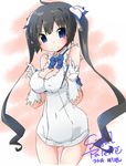  black_hair blue_eyes blue_ribbon blush breasts cleavage covered_nipples dungeon_ni_deai_wo_motomeru_no_wa_machigatteiru_darou_ka gloves hair_ribbon hestia_(danmachi) large_breasts long_hair looking_at_viewer rei_no_himo ribbon smile solo soutsuki_naru twintails white_gloves 