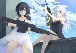  ;p anti-materiel_rifle ass_visible_through_thighs assault_rifle barrett_m82 black_dress black_hair brown_eyes bullpup collarbone crossed_legs day dress east01_06 green_eyes gun highres holding holding_gun holding_weapon long_hair looking_at_viewer multiple_girls one_eye_closed original ponytail rifle scope smile sniper sniper_rifle steyr_aug sundress tongue tongue_out trigger_discipline vertical_foregrip weapon white_dress white_hair 