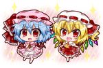  :d bat_wings blonde_hair blue_hair chibi commentary flandre_scarlet hat mob_cap multiple_girls noai_nioshi open_mouth red_eyes remilia_scarlet side_ponytail smile sparkle touhou wings 