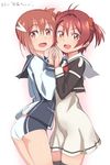  :d antenna_hair ass black_legwear blush cosplay costume_switch crossover hands_together highres isshiki_akane isshiki_akane_(cosplay) look-alike looking_at_viewer michairu multiple_girls national_shin_ooshima_school_uniform open_mouth red_eyes red_hair sanshuu_middle_school_uniform school_uniform short_hair short_shorts shorts simple_background smile thighhighs twintails vividred_operation white_background yuuki_yuuna yuuki_yuuna_(cosplay) yuuki_yuuna_wa_yuusha_de_aru yuusha_de_aru 