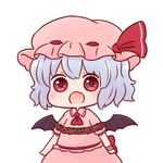  bat_wings batta_(ijigen_debris) blue_hair chibi commentary_request dress fang food hair_ribbon hat mob_cap nattou open_mouth pink_dress red_eyes red_ribbon rei_no_himo remilia_scarlet ribbon short_sleeves solo touhou wings 