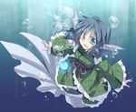  blue_background blue_eyes blue_hair bubble dress drill_hair frills gradient gradient_background green_dress head_fins japanese_clothes long_sleeves mermaid monster_girl obi open_mouth ribbon sash satou_kibi smile solo touhou underwater wakasagihime wide_sleeves 