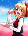  ahoge ascot blonde_hair blouse bow cherry_blossoms collaboration cravat eating fangs food fruit hair_bow highres kameyan long_sleeves looking_at_viewer open_mouth petals puffy_long_sleeves puffy_sleeves red_eyes rumia short_hair slit_pupils solo spring_(season) strawberry touhou vest white_blouse 