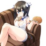  bad_id bad_pixiv_id black_hair blue_eyes breasts cleavage couch croquette dungeon_ni_deai_wo_motomeru_no_wa_machigatteiru_darou_ka food hair_ribbon hestia_(danmachi) highres large_breasts legs long_hair looking_at_viewer nekobaka rei_no_himo ribbon sitting smile solo twintails 