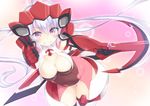  :d antenna_hair bent_over breasts cleavage east01_06 grin large_breasts long_hair looking_at_viewer open_mouth purple_eyes senki_zesshou_symphogear smile solo twintails v-shaped_eyebrows very_long_hair white_hair yukine_chris 