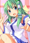  :d bare_shoulders blue_eyes blush breasts detached_sleeves frog_hair_ornament green_hair hair_ornament hair_tubes jumping kochiya_sanae long_hair looking_at_viewer medium_breasts nitizyo open_mouth plaid plaid_background pointing pointing_at_viewer skirt smile snake_hair_ornament solo star touhou 