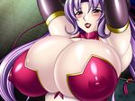  arms_up blush breasts bursting_breasts elbow_gloves erect_nipples female gigantic_breasts gloves lipstick long_hair makeup nipples no_bra open_mouth pichipichi_garou_r puffy_nipples purple_hair see-through shiny_skin solo 