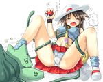  1girl artist_request blue_(pokemon) blush brown_eyes brown_hair cameltoe clitoral_stimulation female hat long_hair looking_at_viewer molestation navel nintendo open_mouth panties poke_ball pokeball pokemon restrained shoes simple_background sitting skirt socks spread_legs sweat tears tentacle translation_request trembling unconscious underwear white_panties 