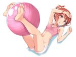  armpits ball barefoot blush feet full_body legs_up looking_at_viewer lying michairu on_back red_eyes red_hair simple_background soles solo toes white_background yuuki_yuuna yuuki_yuuna_wa_yuusha_de_aru yuusha_de_aru 