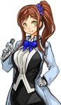  blue_bow blush bow bowtie breasts brown_hair character_request copyright_request gloves green_eyes hand_on_hip holding large_breasts long_hair microphone ponytail sachito smile solo white_gloves 