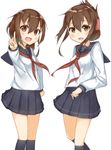  :d black_legwear black_skirt blush brown_eyes brown_hair fang folded_ponytail hair_ornament hairclip highres ikazuchi_(kantai_collection) inazuma_(kantai_collection) kantai_collection kneehighs long_sleeves looking_at_viewer multiple_girls neckerchief okomeito open_mouth pleated_skirt pointing pointing_at_viewer red_neckwear sailor_collar school_uniform serafuku short_hair simple_background skirt smile thighhighs white_background 