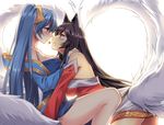  ahri animal_ears black_hair blue_hair blush breasts eye_contact fox_ears heart heart_tail korean_clothes large_breasts league_of_legends long_hair looking_at_another multiple_girls mylovelydevil sarashi sona_buvelle tail twintails whisker_markings yuri 