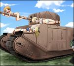  akiyama_yukari assam bdsm blonde_hair blue_eyes blush bondage bound bra caterpillar_tracks cloth_gag commentary cyber_(cyber_knight) darjeeling gag gagged girls_und_panzer ground_vehicle highres human_shield improvised_gag long_hair military military_vehicle motor_vehicle multiple_girls nude orange_pekoe over_the_mouth_gag panties rope short_hair tank thigh_gap tog_ii underwear underwear_only 