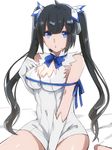  arm_ribbon bad_id bad_pixiv_id black_hair blue_eyes blue_ribbon breasts cleavage dress dungeon_ni_deai_wo_motomeru_no_wa_machigatteiru_darou_ka gloves hair_ornament hair_ribbon hestia_(danmachi) kanro_(3637_3637) large_breasts long_hair rei_no_himo ribbon solo twintails white_dress 