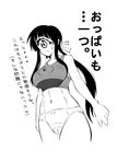  breasts covered_nipples cowboy_shot cyclops greyscale highres hitomi_sensei_no_hokenshitsu large_breasts long_hair manaka_hitomi monochrome navel one-eyed panties ponytail s-now sidelocks solo sweatdrop translation_request underwear 