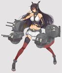  ankle_boots bare_shoulders black_gloves black_hair boots fighting_stance fingerless_gloves full_body gloves grey_background grey_footwear headgear highres kantai_collection long_hair machinery midriff nagato_(kantai_collection) navel pleated_skirt red_eyes red_legwear sai_(saikun) simple_background skirt solo thighhighs white_skirt 