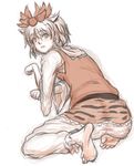  animal_print ass barefoot fang from_behind hair_ornament highres kuro_suto_sukii limited_palette looking_at_viewer looking_back paw_pose shirt skirt soles solo tiger_print toramaru_shou touhou vest 