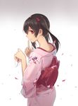  bad_id bad_pixiv_id black_hair finger_to_mouth floral_print gradient gradient_background hair_ribbon highres huanxiang_heitu japanese_clothes kimono letter long_sleeves looking_at_viewer love_letter love_live! love_live!_school_idol_project petals pink_eyes ribbon sash shushing smile solo twintails wide_sleeves yazawa_nico 