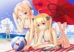  albacore_(zhan_jian_shao_nyu) american_flag_bikini archerfish_(zhan_jian_shao_nyu) ball barefoot beach beachball bikini blonde_hair blue_eyes breasts chongqing_(zhan_jian_shao_nyu) cleavage day feet flag_print fs gradient_hair long_hair medium_breasts multicolored_hair multiple_girls ponytail small_breasts soles swimsuit toes torpedo twintails umbrella zhan_jian_shao_nyu 