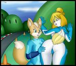 animal_crossing anthro backturned bell bent_over blonde_hair breasts brown_fur butt butt_grab clothed clothing crossgender duo female fox_mccloud fur hair hand_on_butt hi_res isabelle_(animal_crossing) mario_kart marukomuru nintendo open_mouth presenting presenting_hindquarters star_fox tracksuit video_games yellow_fur zero_suit_fox 