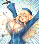  arms_up atago_(kantai_collection) black_gloves blonde_hair bouncing_breasts breasts bursting_breasts confetti flying_button gloves happy hat kantai_collection large_breasts long_hair military military_uniform open_mouth popped_button poroi_(poro586) smile uniform wardrobe_malfunction 