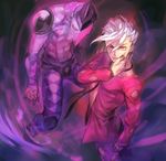  blood blood_on_face formal jojo_no_kimyou_na_bouken multiple_boys oburaato pannacotta_fugo pink pink_eyes purple_haze_(stand) stand_(jojo) suit visor white_hair 