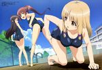  3girls ass barefoot breasts feet glasses highres jinsei multiple_girls pool swimsuit toes 