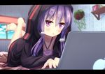  :o animal_ears apple_inc. bad_id bad_pixiv_id barefoot bed blush computer foreshortening hair_ornament hair_tubes highres hood hooded_jacket indoors jacket kagayannu laptop letterboxed long_hair lying on_bed on_stomach purple_eyes purple_hair room solo the_pose triangle_mouth twintails v-shaped_eyebrows vocaloid voiceroid yuzuki_yukari 