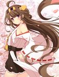  ahoge bad_id bad_pixiv_id bare_shoulders brown_hair cherry_blossoms detached_sleeves double_bun hair_ornament hairband highres japanese_clothes kantai_collection kongou_(kantai_collection) long_hair nontraditional_miko pink_eyes revision rin_ateria skirt smile solo very_long_hair 