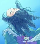  animal_ears blue_hair closed_eyes drill_hair flower head_fins head_tilt iris_anemone japanese_clothes kimono mermaid monster_girl obi sash short_hair smile solo touhou underwater wakasagihime 