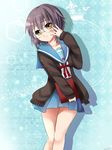  bad_id bad_pixiv_id book brown_eyes cardigan glasses grey_hair kita_high_school_uniform nagato_yuki nagato_yuki-chan_no_shoushitsu omoomomo school_uniform serafuku short_hair solo suzumiya_haruhi_no_shoushitsu suzumiya_haruhi_no_yuuutsu 