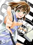  badge briefcase brown_hair cable green_eyes naruse pointing pointing_at_viewer shirt short_hair soreyuke!_uchuu_senkan_yamamoto_youko striped striped_shirt yamamoto_youko 