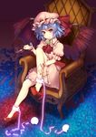  alcohol armchair bad_id bad_pixiv_id bat_wings bloomers blue_hair chain chair cuffs cup dress drinking_glass feet_on_chair full_body hat high_heels highres holding knee_up nail_polish no_socks open_toe_shoes raiou red_eyes remilia_scarlet shackles shoe_dangle shoes short_hair sitting smile solo toenail_polish toes touhou underwear wine wine_glass wings wrist_cuffs 