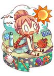  1girl arms_between_legs backpack bag bottle capri_pants checkered chibi colored_pencil denim food ga_geijutsuka_art_design_class hair_bun hair_ornament hairpin jeans melting noda_miki pants pencil pink_hair plaid polka_dot popsicle semausa sitting solo sun tape tomato 