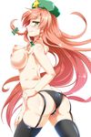  ass back bad_id bad_pixiv_id black_legwear black_panties braid breasts e.o. garter_straps green_eyes hand_on_hip hat highres hong_meiling large_breasts long_hair looking_at_viewer nipples panties red_hair smile smug solo star thighhighs topless touhou twin_braids underwear underwear_only very_long_hair 