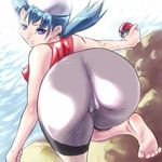  1girl ass bandanna bare_shoulders barefoot bike_shorts blue_eyes blue_hair breasts cameltoe crystal_(pokemon) from_behind huge_ass long_hair looking_back lowres otsukare poke_ball pokemon shiny shiny_clothes shiny_skin smile solo twintails 