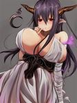  8gou bandages bare_shoulders breasts danua draph granblue_fantasy grey_background horns huge_breasts parted_lips pointy_ears red_eyes simple_background solo 