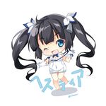  ;d black_hair blue_eyes breasts chibi cleavage dress dungeon_ni_deai_wo_motomeru_no_wa_machigatteiru_darou_ka gloves hair_ornament hestia_(danmachi) long_hair looking_at_viewer medium_breasts mocha_(naturefour) one_eye_closed open_mouth rei_no_himo simple_background smile solo translation_request twintails very_long_hair white_background white_dress white_gloves 